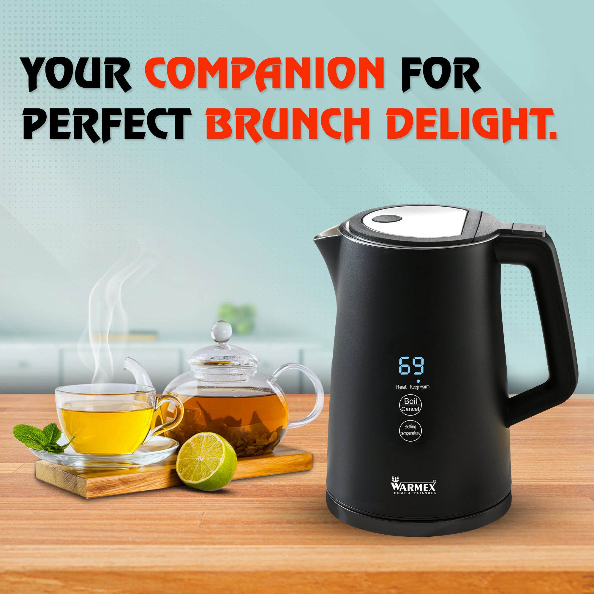 Warmex Premium Electric Kettle | 1.7 Ltr Double Wall | Cool touch feature | Touch Sensitive Panel | 1500 Watts | Digital Display | Auto shut-off (Black) warmexhomeappliances