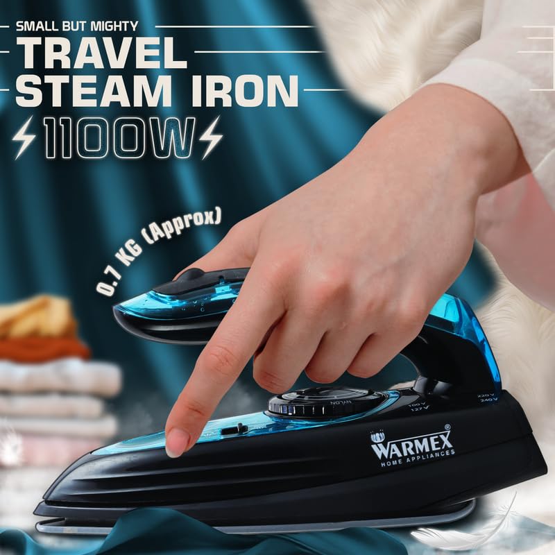 Warmex Travel Steam Iron for Clothes 1100W with Foladable Handle, Horizontal & Vertical Steaming Press | 2 Steam Setting Wet And Dry Adjustable Temperature | 2 warmexhomeappliances