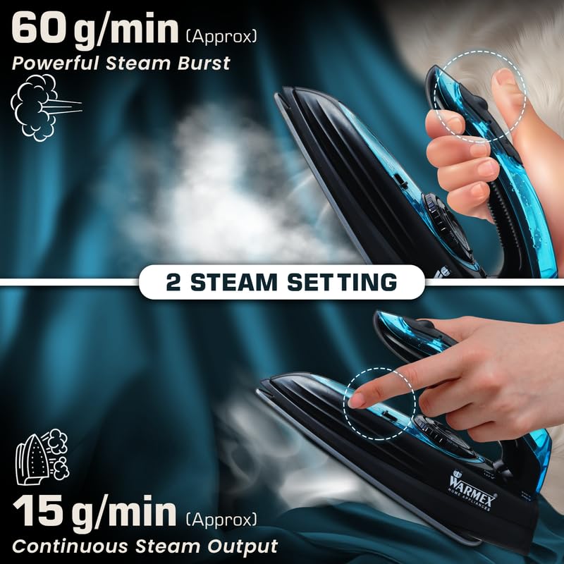 Warmex Travel Steam Iron for Clothes 1100W with Foladable Handle, Horizontal & Vertical Steaming Press | 2 Steam Setting Wet And Dry Adjustable Temperature | 2 warmexhomeappliances