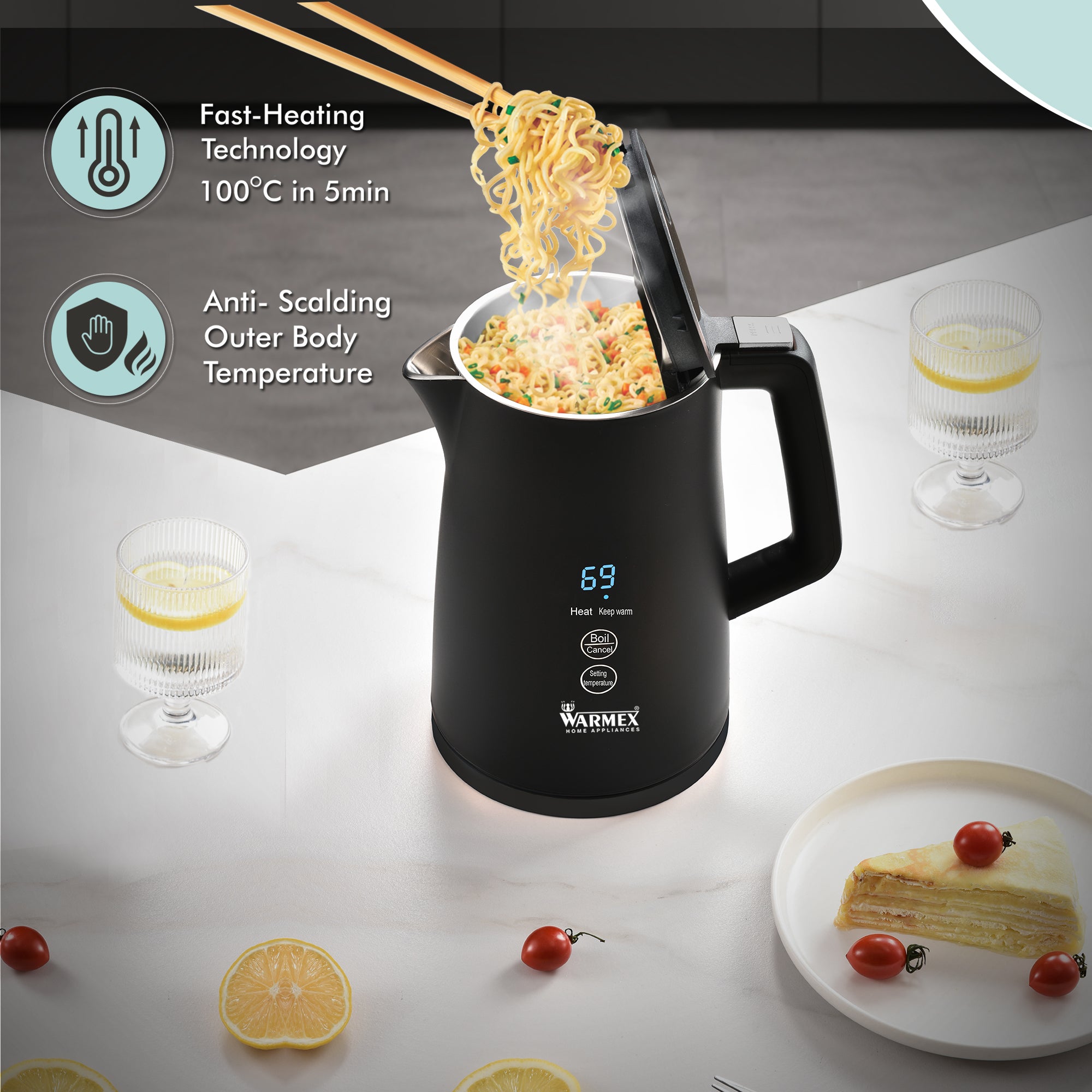 Warmex Premium Electric Kettle | 1.7 Ltr Double Wall | Cool touch feature | Touch Sensitive Panel | 1500 Watts | Digital Display | Auto shut-off (Black) warmexhomeappliances
