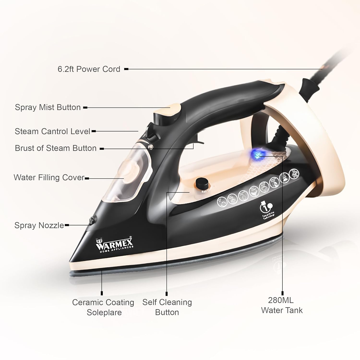 Warmex 2000 Watts No knob Electric Steam Iron for Clothes with 280 ml Water Tank Spray & Auto Smart Temperature Control & No Burn Press, 3 Ways Auto Shut Off, Sensor Function | 2 Year Warranty warmexhomeappliances