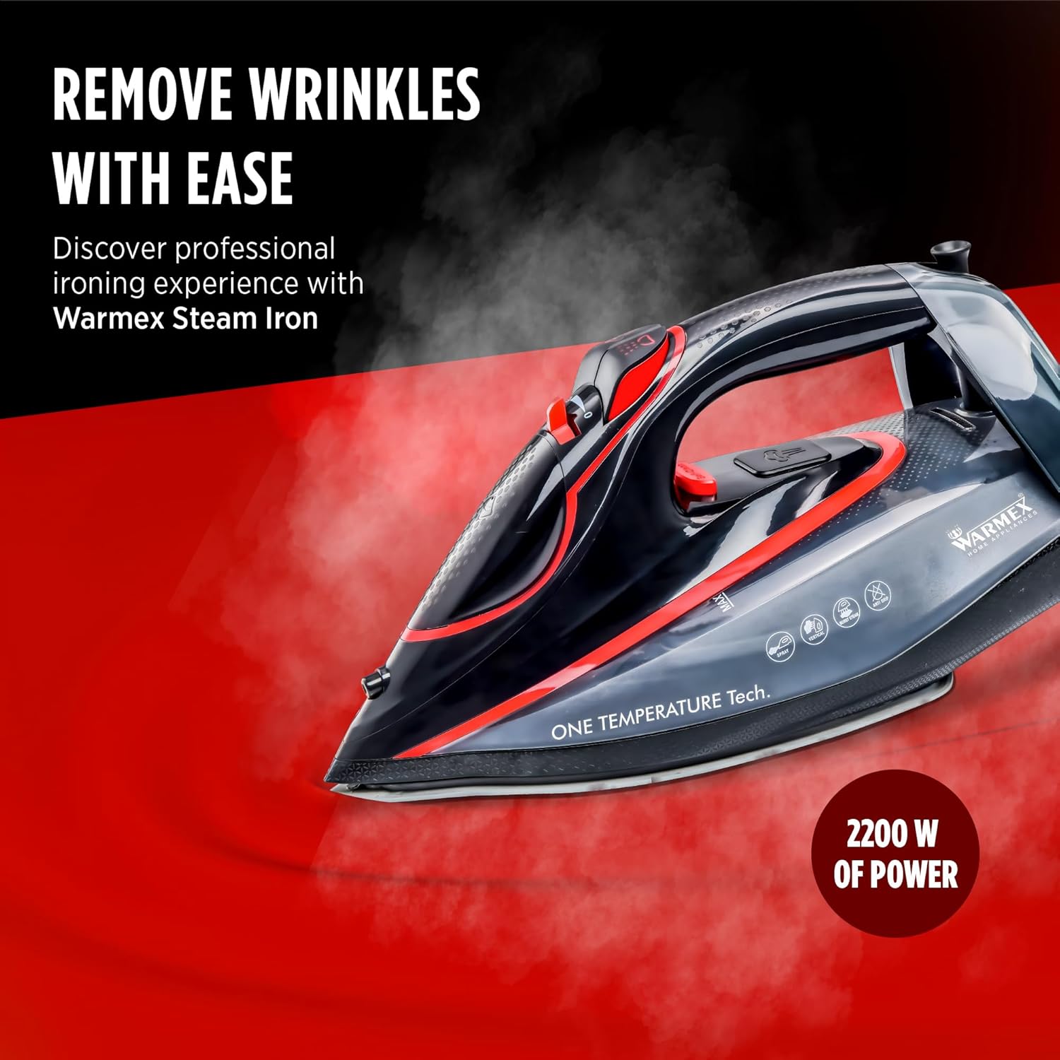 Warmex No knob Steam Iron Press Steamer for Clothes, 360 ml Water Tank, 2200 Watts Auto Smart Temperature Control, No Burn Press, 3 Ways Auto Shut Off, Sensor Function | 2 Year Warranty | OTSI-2200 warmexhomeappliances