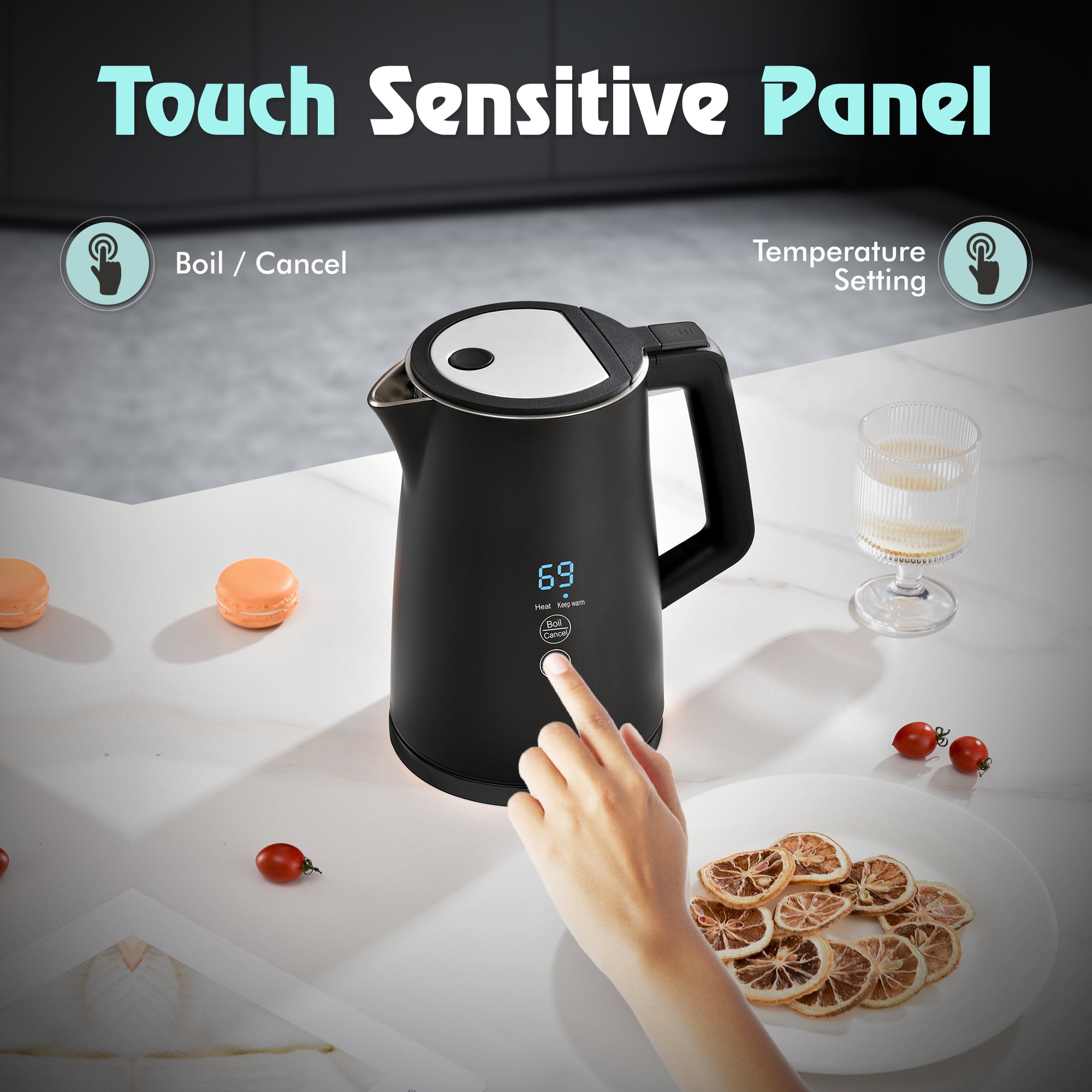 Warmex Premium Electric Kettle | 1.7 Ltr Double Wall | Cool touch feature | Touch Sensitive Panel | 1500 Watts | Digital Display | Auto shut-off (Black) warmexhomeappliances