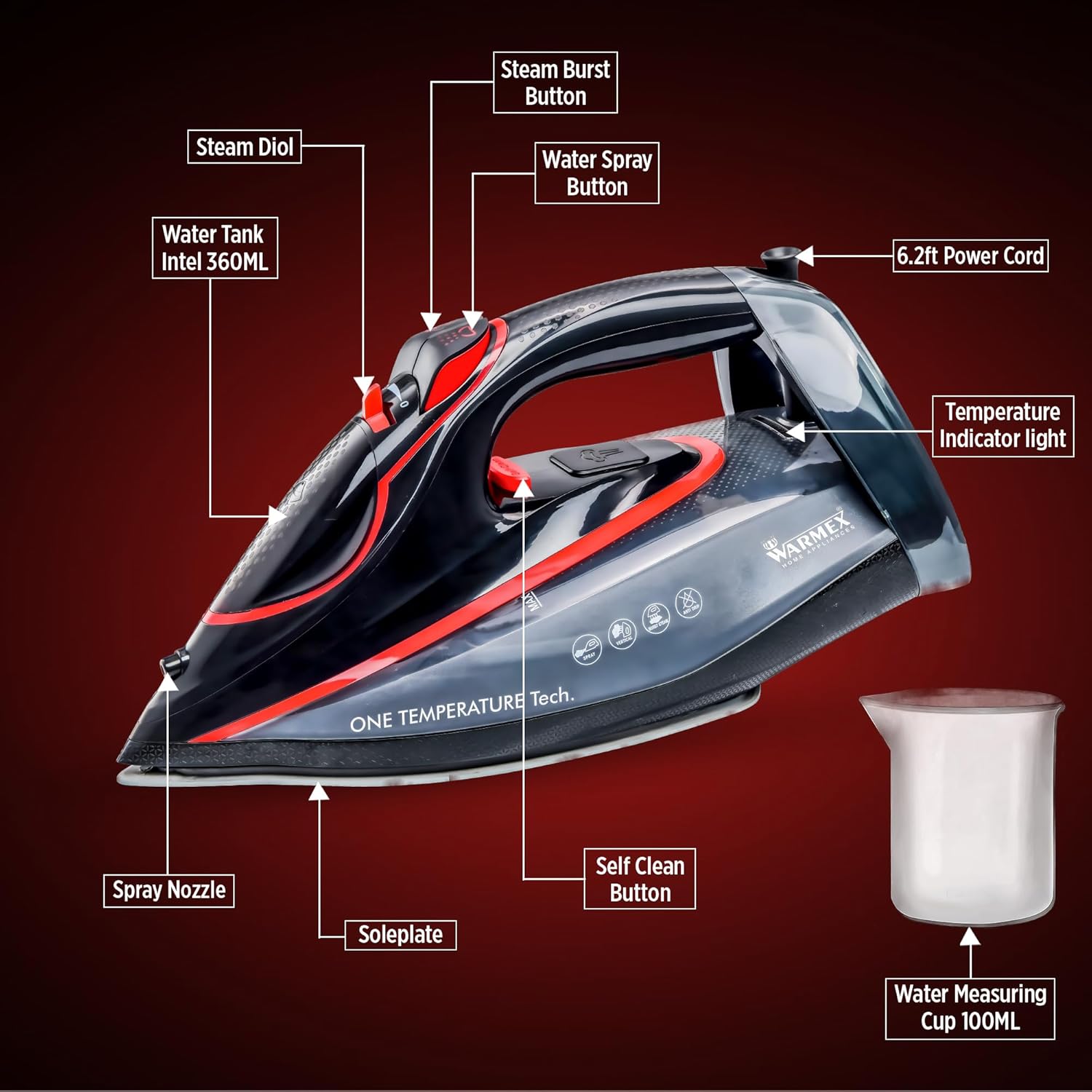Warmex No knob Steam Iron Press Steamer for Clothes, 360 ml Water Tank, 2200 Watts Auto Smart Temperature Control, No Burn Press, 3 Ways Auto Shut Off, Sensor Function | 2 Year Warranty | OTSI-2200 warmexhomeappliances