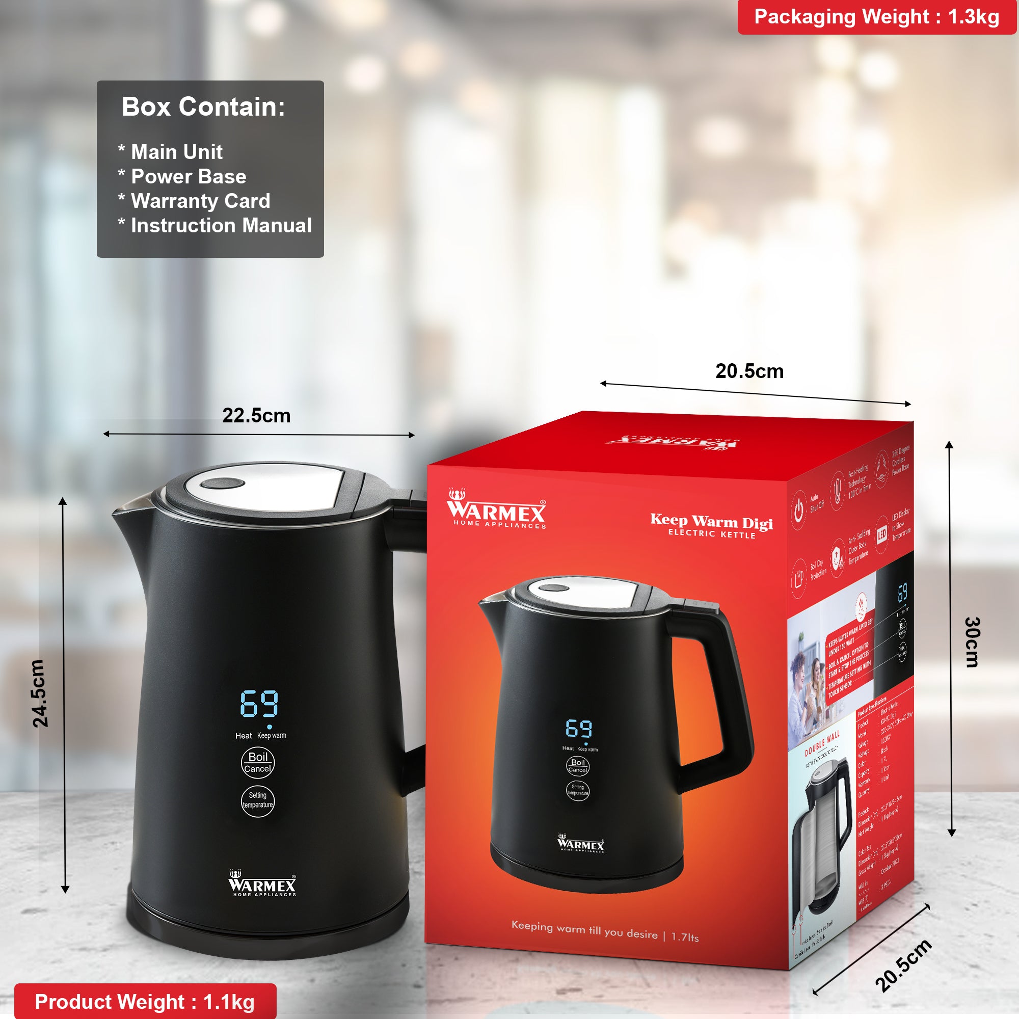 Warmex Premium Electric Kettle | 1.7 Ltr Double Wall | Cool touch feature | Touch Sensitive Panel | 1500 Watts | Digital Display | Auto shut-off (Black)