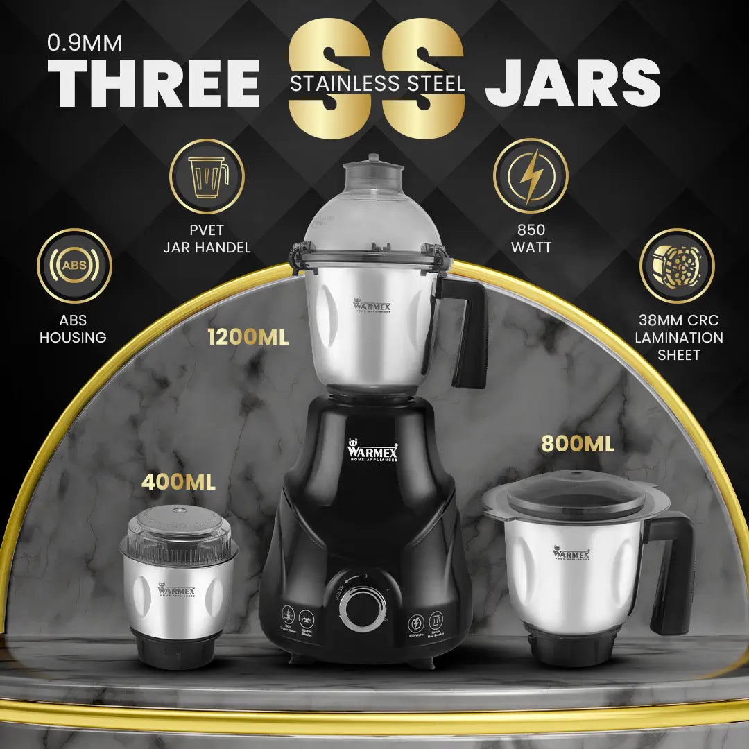 Warmex 850W Mixer Grinder for Kitchen 100% Copper Motor + 2 Years Warranty 3 Jars Included, Stylish & Powerful Performance for Smooth Blending & Grinding warmexhomeappliances