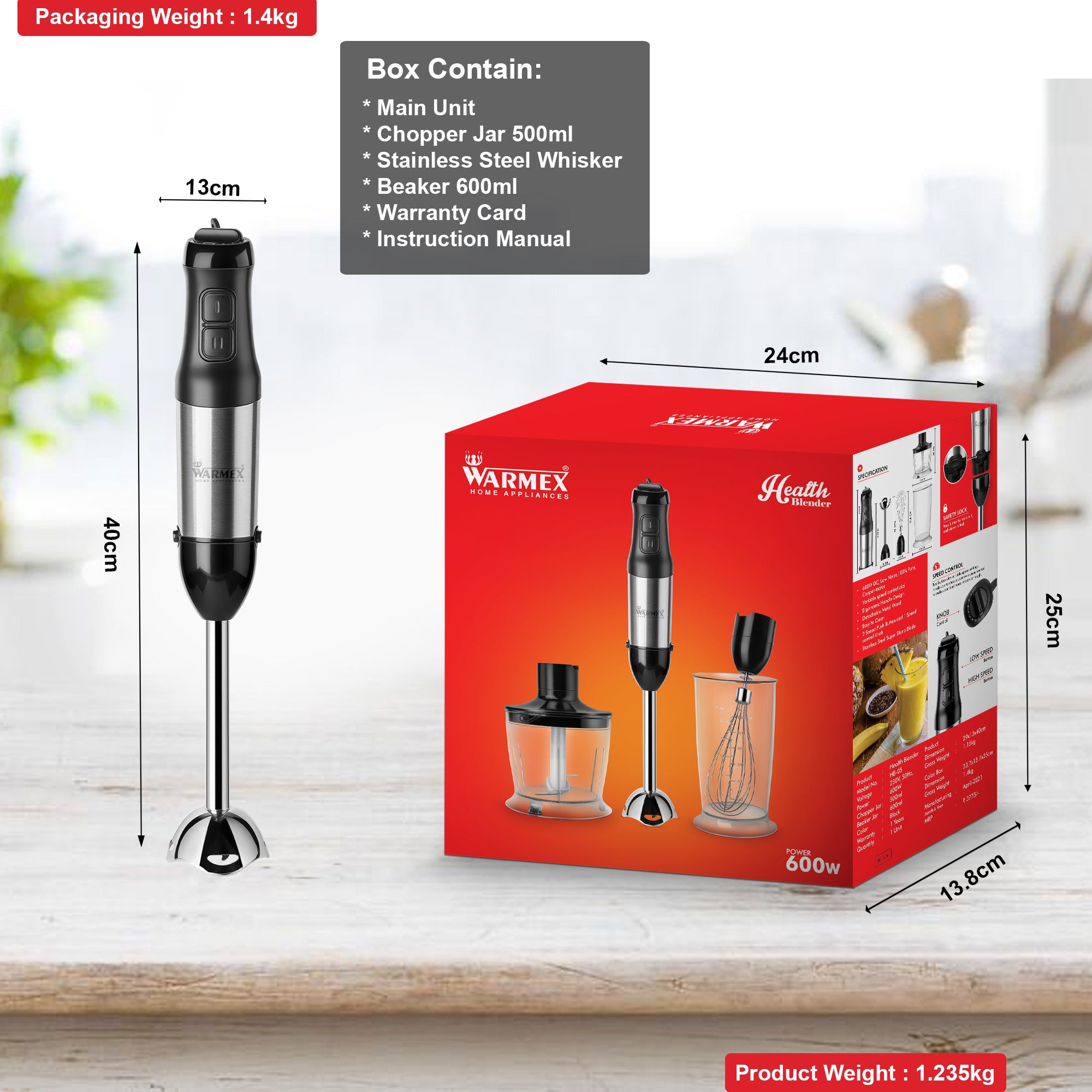 Warmex 800 Watts Electric Hand Blender with 500/600 ML Capacity