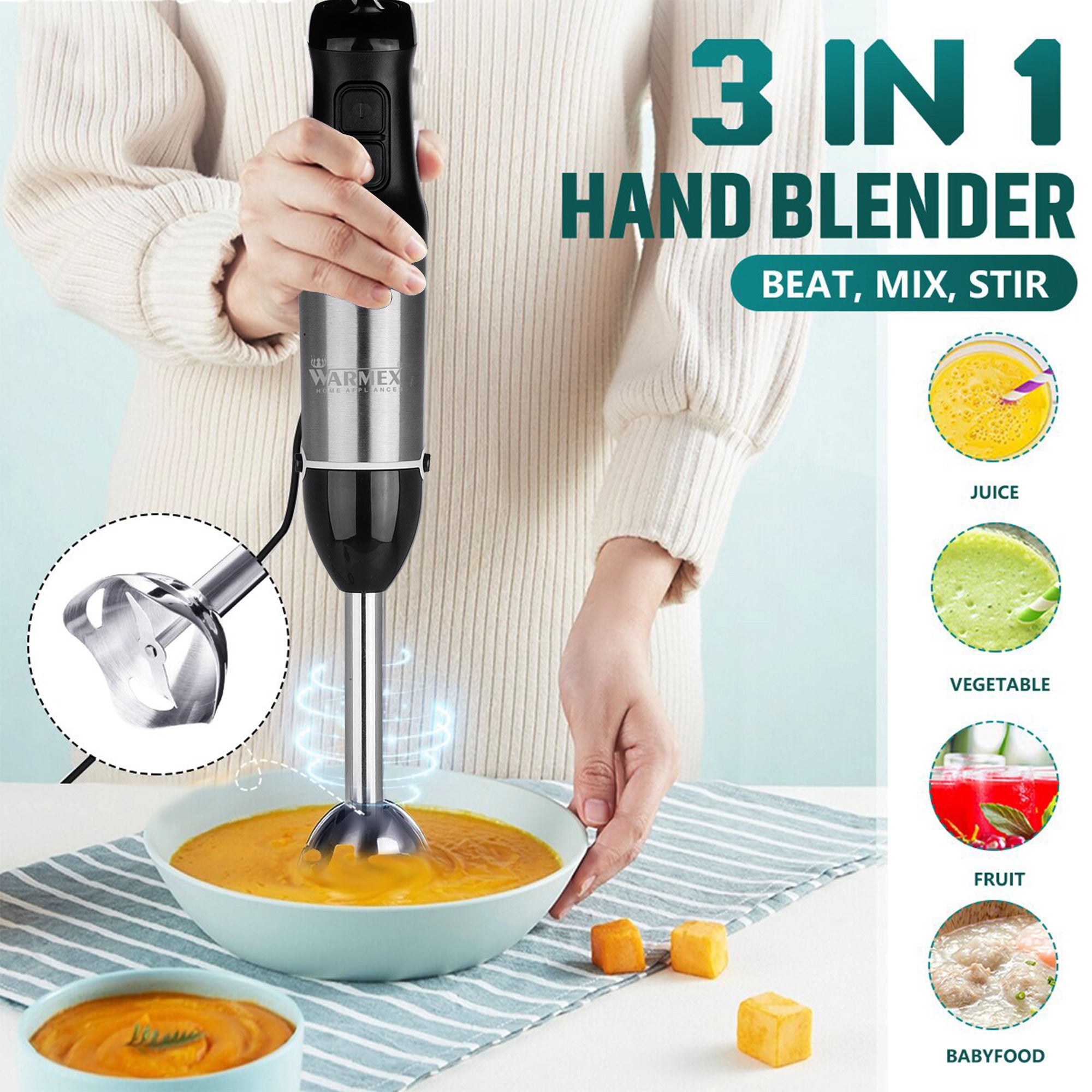 Warmex 800 Watts Electric Hand Blender with 500/600 ML Capacity