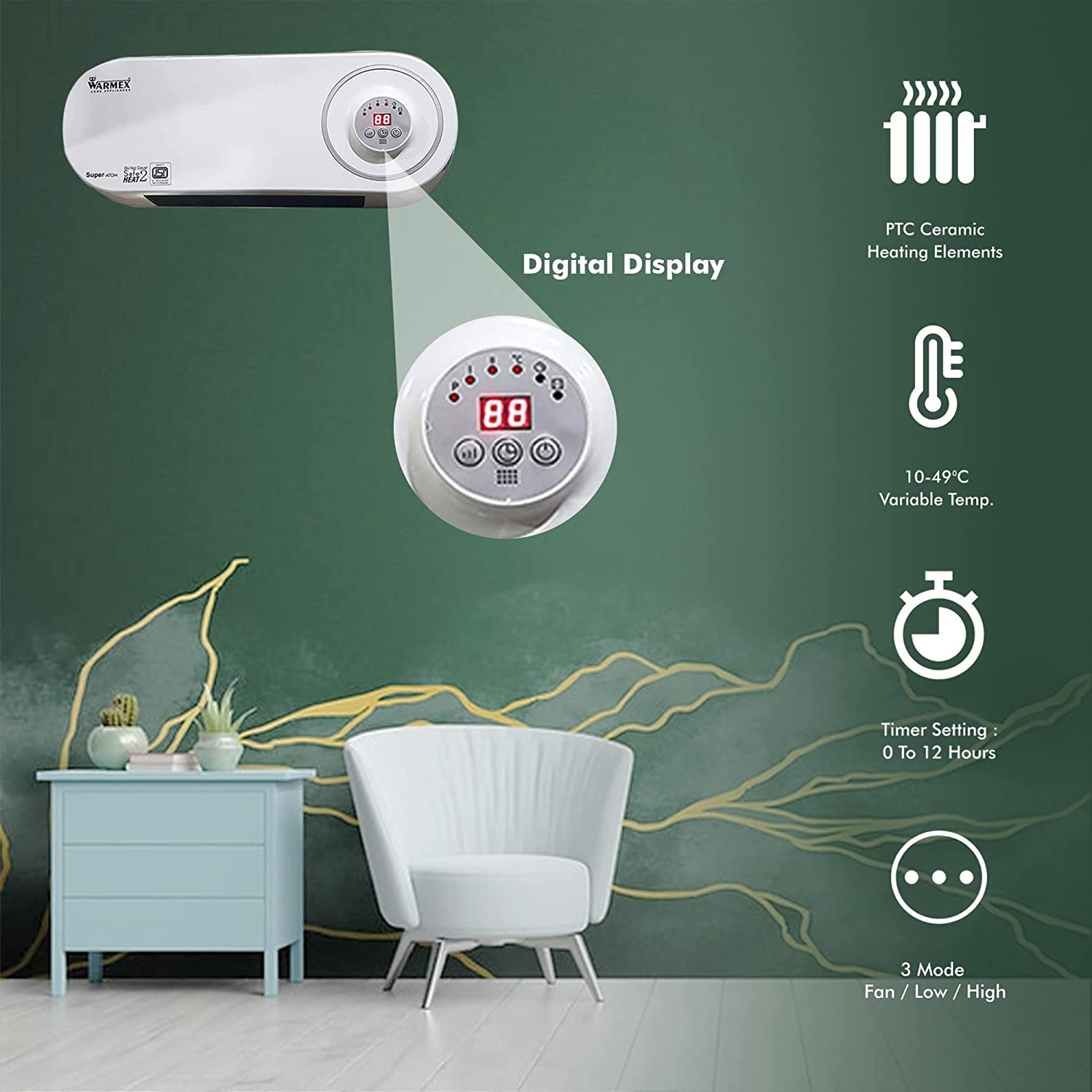 Warmex Wall Mount PTC Room Heater For Home 1000/2000W No Oxygen Burning, ISI Certified With Year Warranty