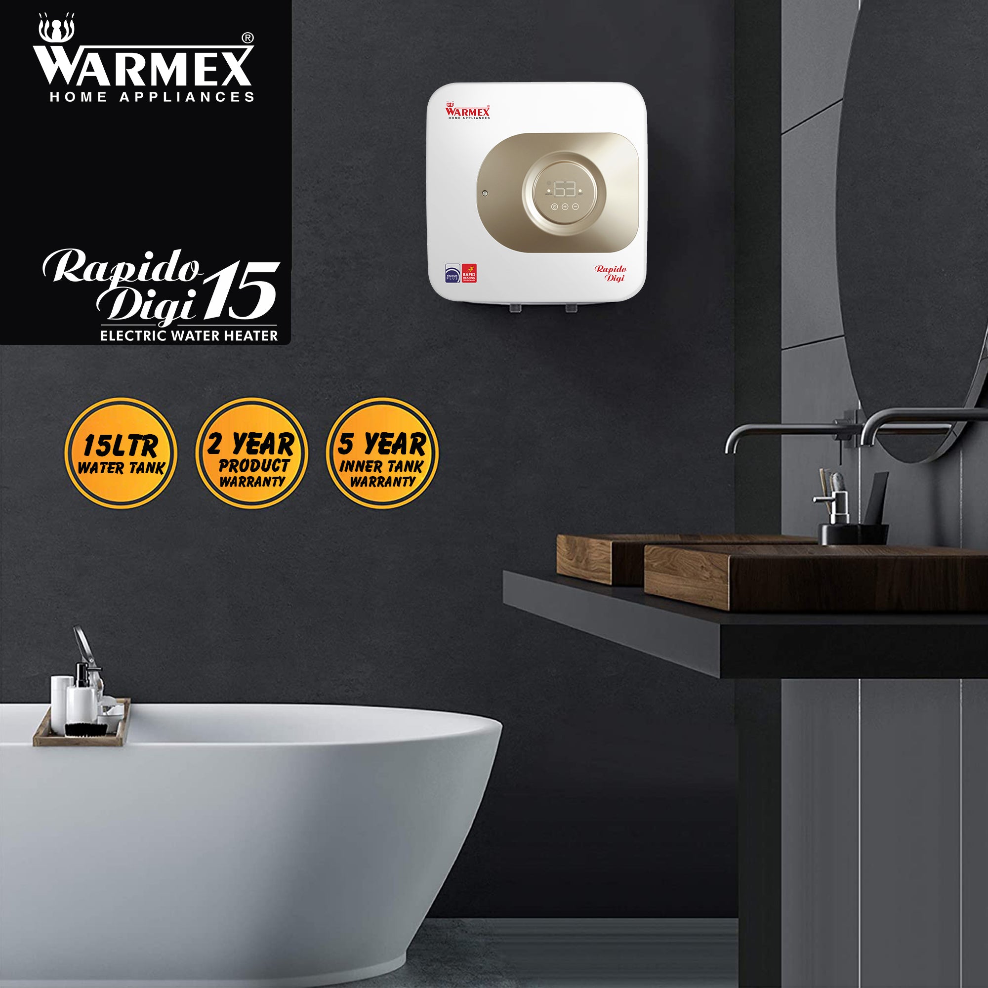 WARMEX STORAGE ELECTRIC WATER HEATER - HIGH PRESSURE (DIGITAL) RAPIDO DIGI 15 warmexhomeappliances2