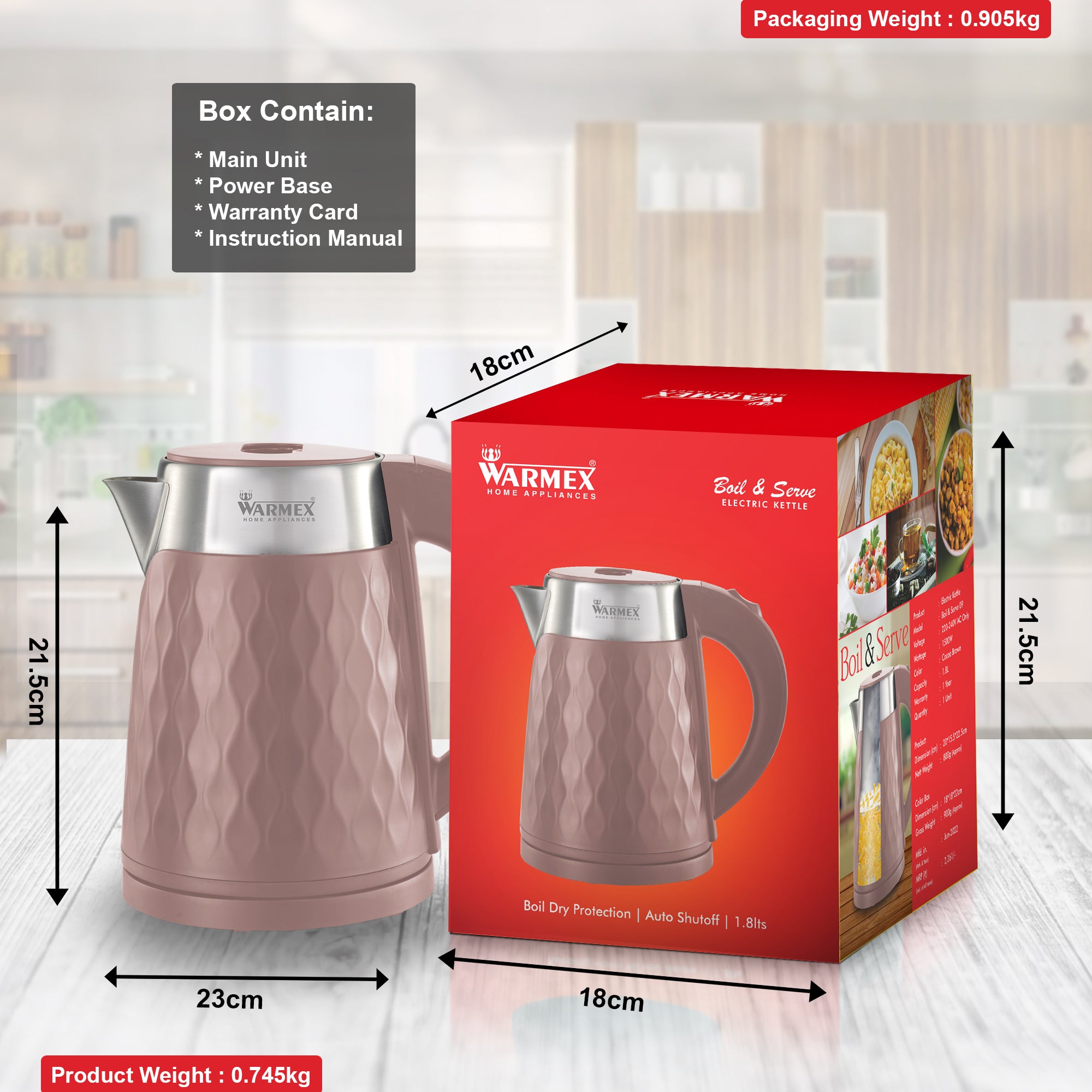 Warmex 1.8 Ltr ELECTRIC KETTLE BOIL & SERVE 09 (BROWN)