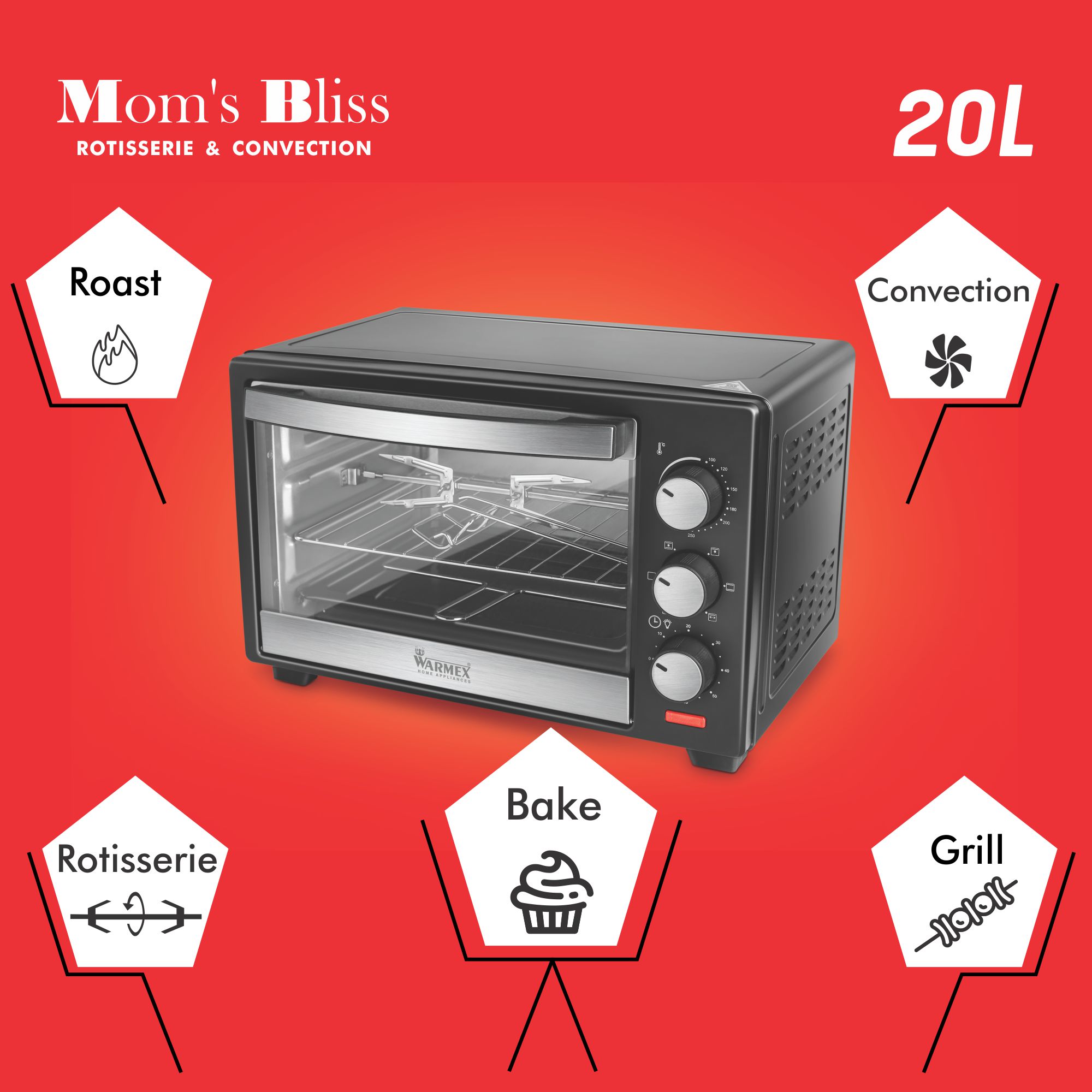 Warmex Oven Toaster Griller, Bake, Broil, Toast, Convection, Rotisserie, Keep Warm, Glass Door Window, Variable Heating Mode & 60 Minutes Timer With Auto Shut Off and Ready Bell with 20 Liter Capacity – MB20L/R&C (Black, 1280 Watts)…