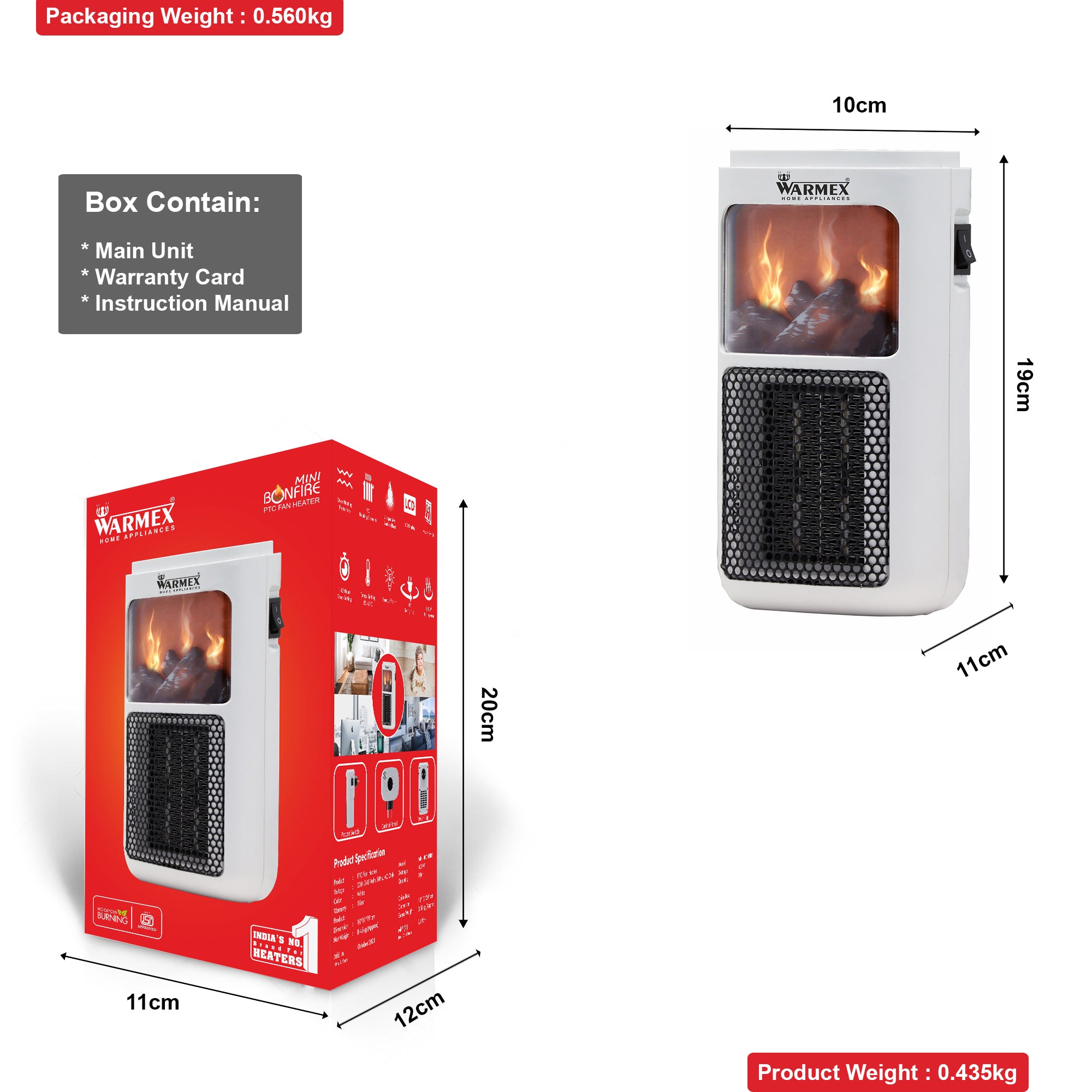 Warmex 400 Watts Electric PTC Heater/Wall Mount Heater/Fan Heater/Room Heater MINI BONFIRE with 15-45°C Variable Temperature Setting & 30 Seconds Time Lapse warmexhomeappliances2