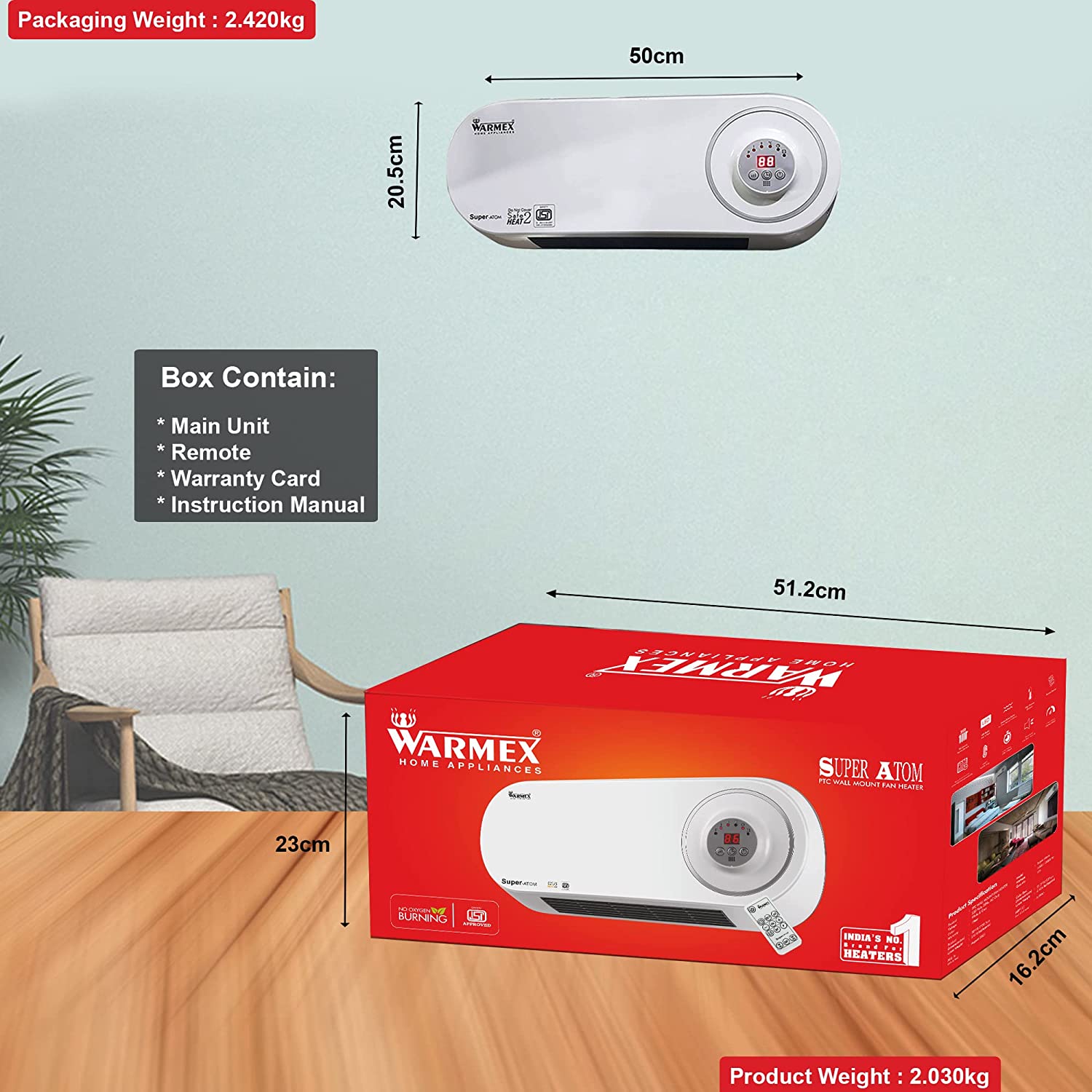 Warmex 1000/2000 Watts Wall Mount PTC Heater Atom with Remote